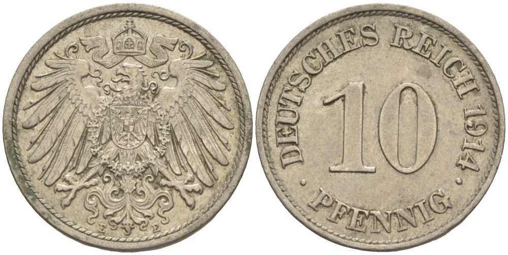 ГЕРМАНИЯ 10 ПФЕННИГОВ 1914 E KM 12, J. 13 медно-никель 33-1153