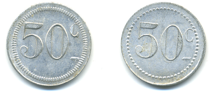 ФРАНЦИЯ 50 САНТИМОВ НАЧАЛО XX ВЕКА d 24 мм, вес около 1,0 гр., платежный жетон алюминий 89-955