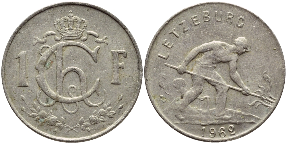 Люксембург 1 франк 1962 сталевар KM 46.2 медно-никель 4398-832
