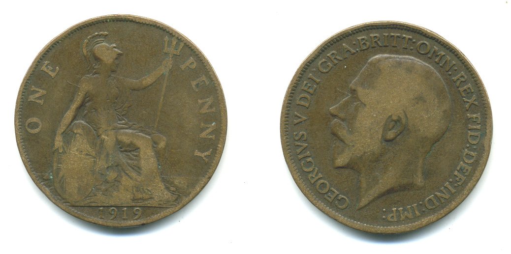 Великобритания 1 пенни 1919 Георг V (1910-1936) KM 810, Spink 4051 бронза 540-626