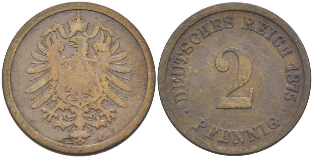 ГЕРМАНИЯ 2 ПФЕННИГА 1875 A, СТАРОГЕРБОВКА KM 2, J. 2, Weege 3 медь 212-524