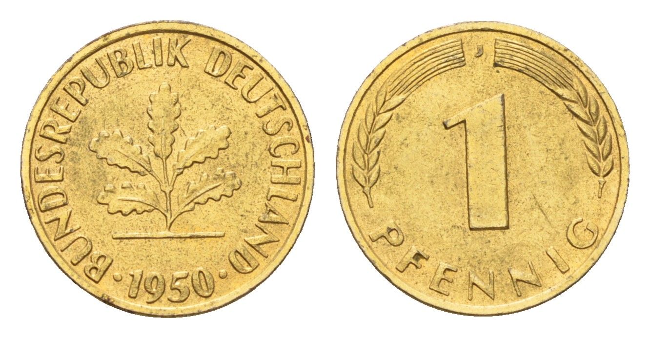 ФРГ 1 пфенниг 1950 J KM 105, J. 380 сталь плакированная золотом 4685-666