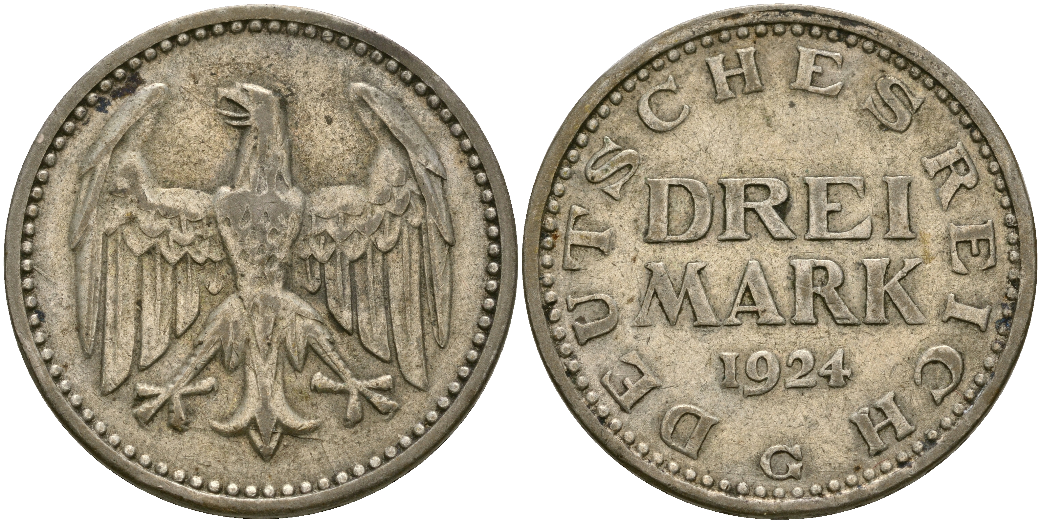 Германия 3 марки 1924 G, Веймарская Республика Weege 19, J. 312, KM 43 серебро 11-256-42