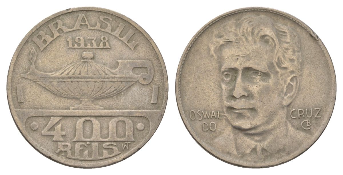 Бразилия 400 реалов 1938 Освалду Крус KM 539 медно-никель 4626-115