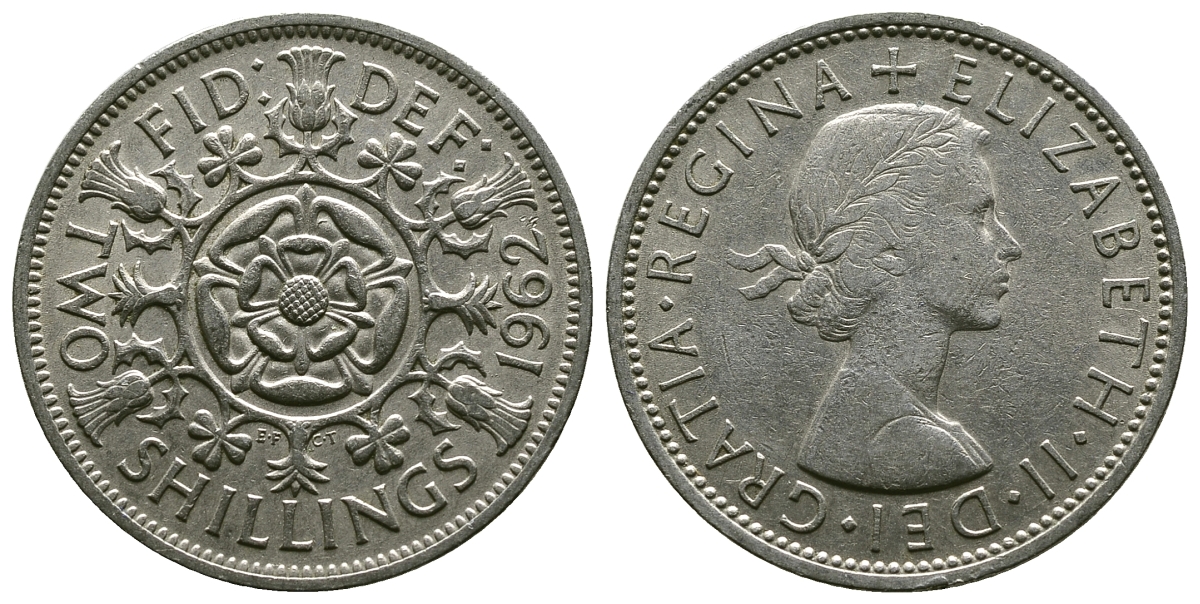 Великобритания 2 шиллинга (флорин) 1962 Елизавета II (1952-2022) KM 906, Spink 4146 медно-никель 4382-331