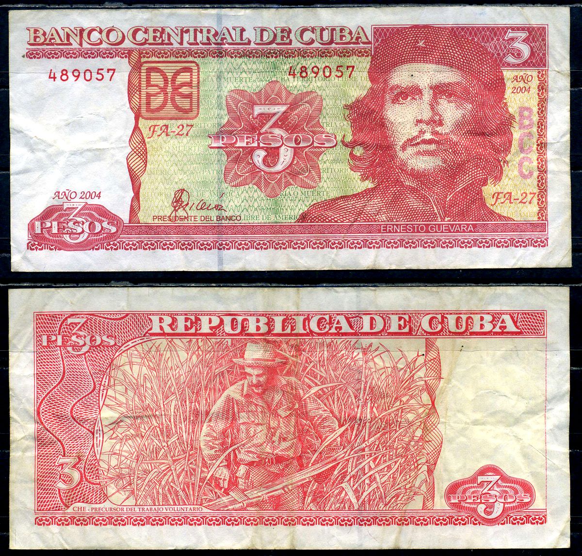 Куба 3 песо 2004 Че Гевара, Че Гевара рубит сахарный тростник Pick 127 a бумага 6294-22-3-1