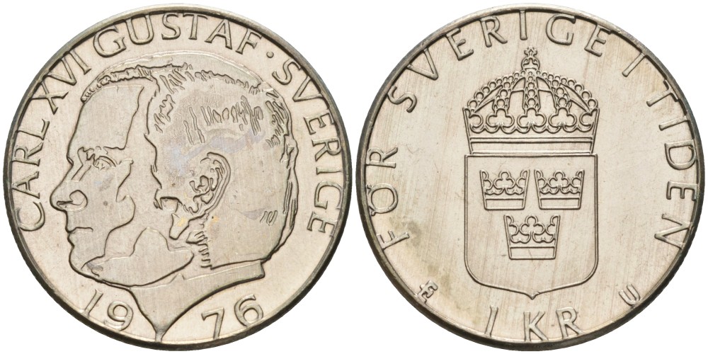 Швеция 1 крона 1976 U, Карл XVI Густав (1973- ), в лаке KM 852 медно-никель 4557-424