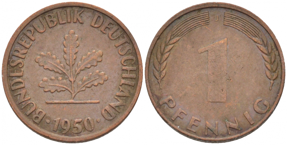 ФРГ 1 ПФЕННИГ 1950 J KM 105, J.380 сталь плакированная медью 112-924