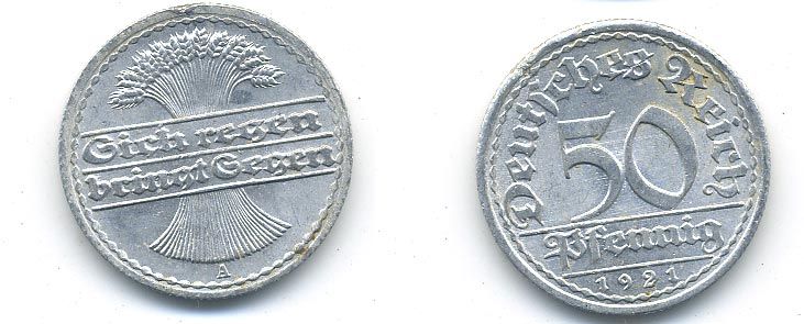 ГЕРМАНИЯ 50 ПФЕННИГОВ 1921 A KM 27, J. 301 алюминий 58-436