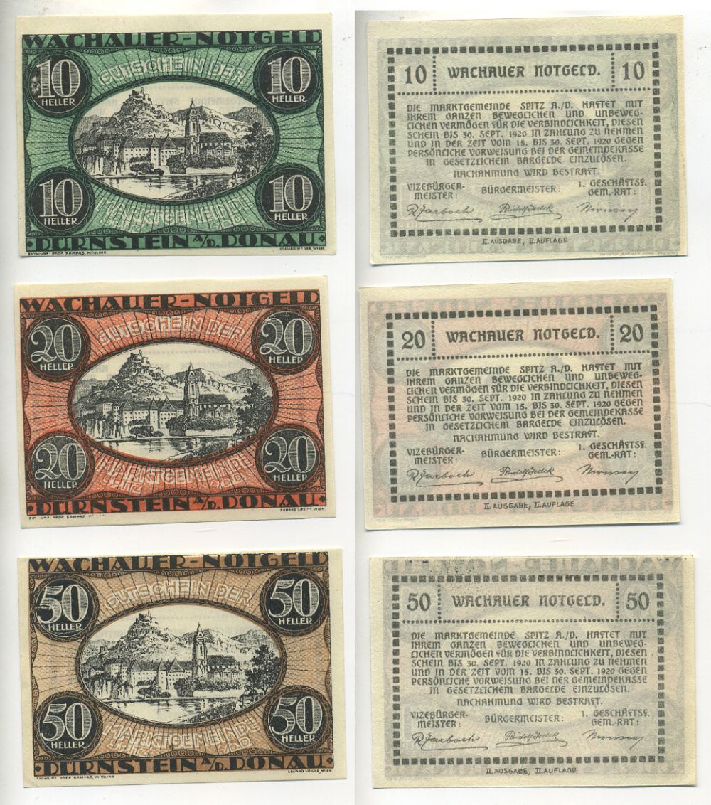 АВСТРИЯ, ВАЧАУ НАБОР ИЗ 3 БАНКНОТ 1920 30 СЕНТЯБРЯ 1920, НОТГЕЛЬД, 10, 20, 50 ГЕЛЛЕРОВ, DURNSTEIN A/D DONAU, ВТОРОЙ ВЫПУСК бумага aUNC 70-20-2