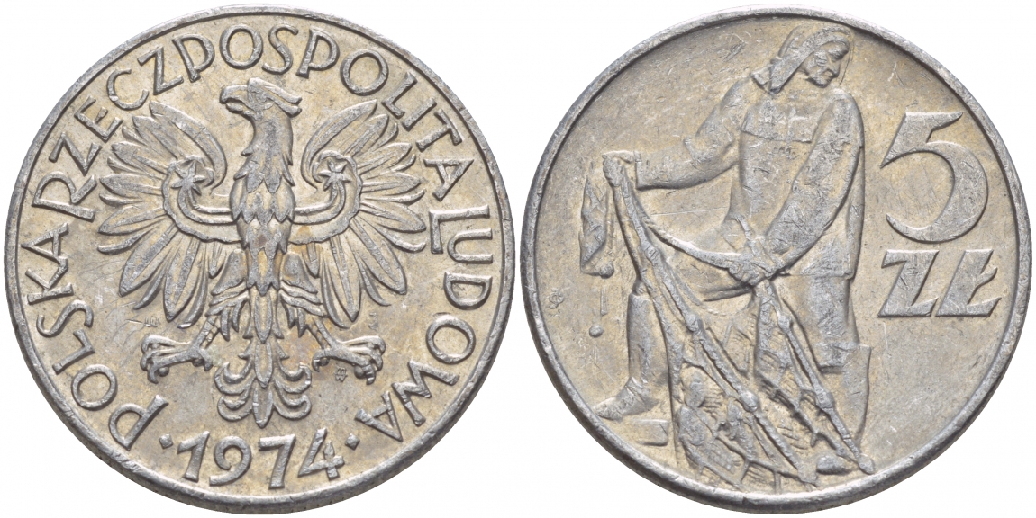 Польша 5 злотых 1974 MW, рыбак KM 47, Parchimowicz 220f алюминий 4545-532