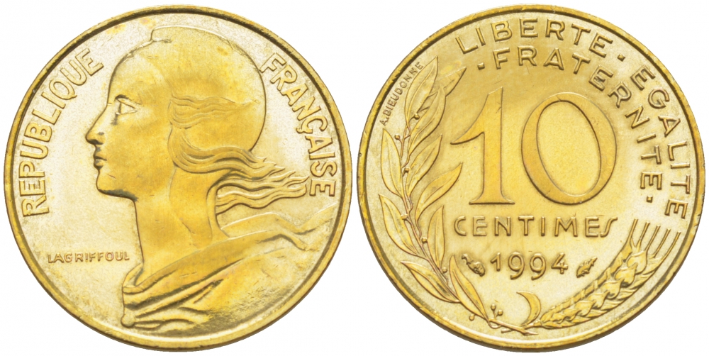 ФРАНЦИЯ 10 САНТИМОВ 1994 ТИП MARIANNE KM 929 медь алюминий никель 112-1032