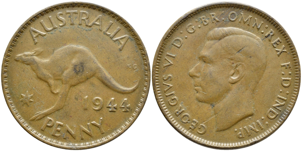 АВСТРАЛИЯ 1 ПЕННИ 1944 p, ГЕОРГ VI (1936-1952), КЕНГУРУ KM 36 бронза 4394-344