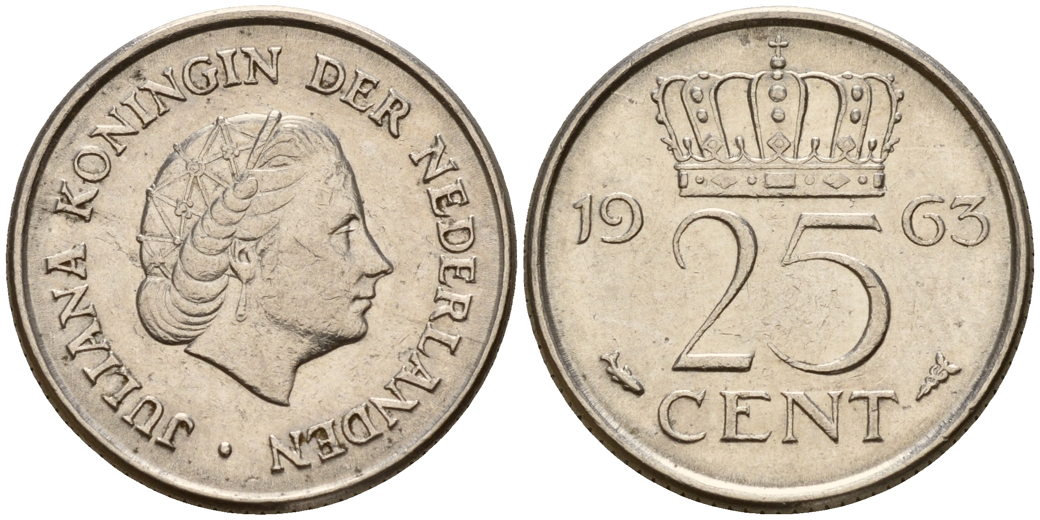 Нидерланды 25 центов 1963 Юлиана (1949-1980) KM 183 никель    4598-419