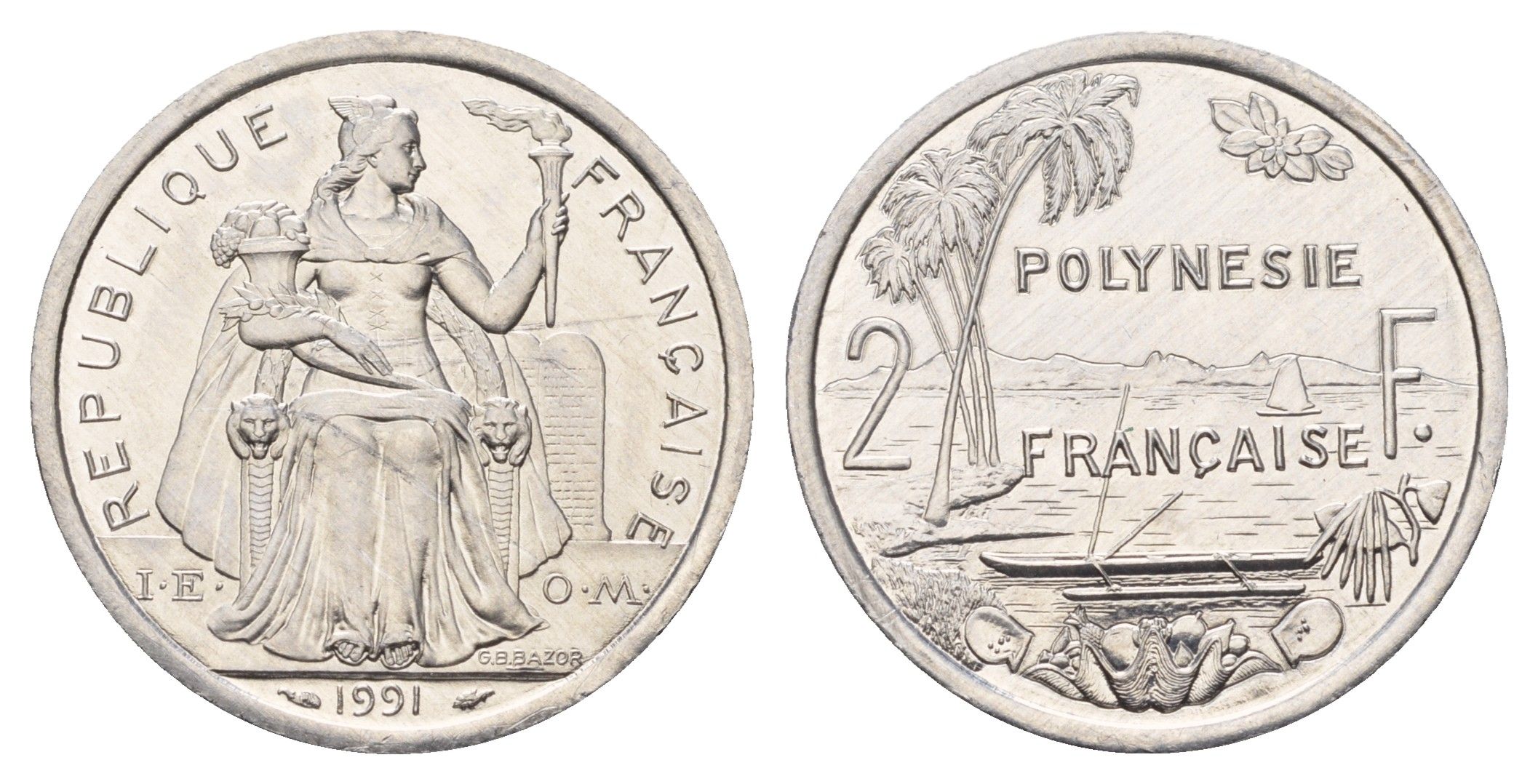 Французская Полинезия 2 франка 1991 KM 10 алюминий UNC 4118-746