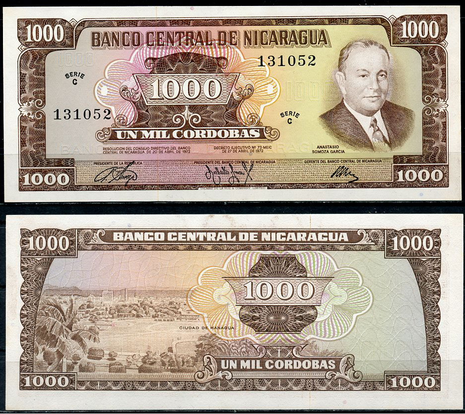 Никарагуа 1000 кордоба 1962 Анастасио Сомоса Гарсиа, Манагуа Pick 128 a  бумага  UNC (пресс) 451-815-2