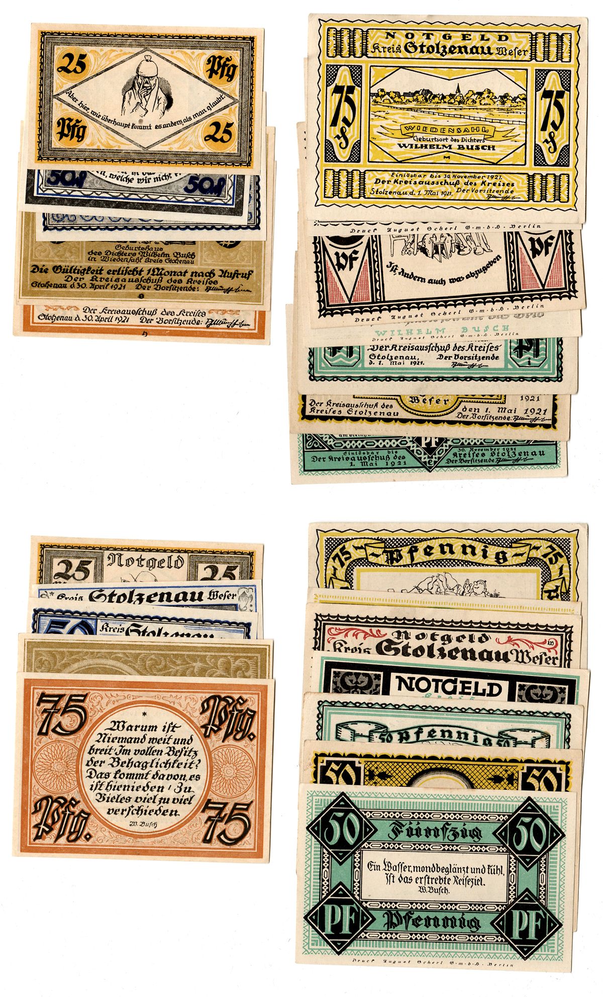 Штольценау (Пруссия, Ганновер) полный набор из 12 нотгельдов (25, 50 и 75 пфеннигов) 1921 Mehl Grabowski 1276.1 и 2 бумага UNC (пресс) 7556-58-4-2