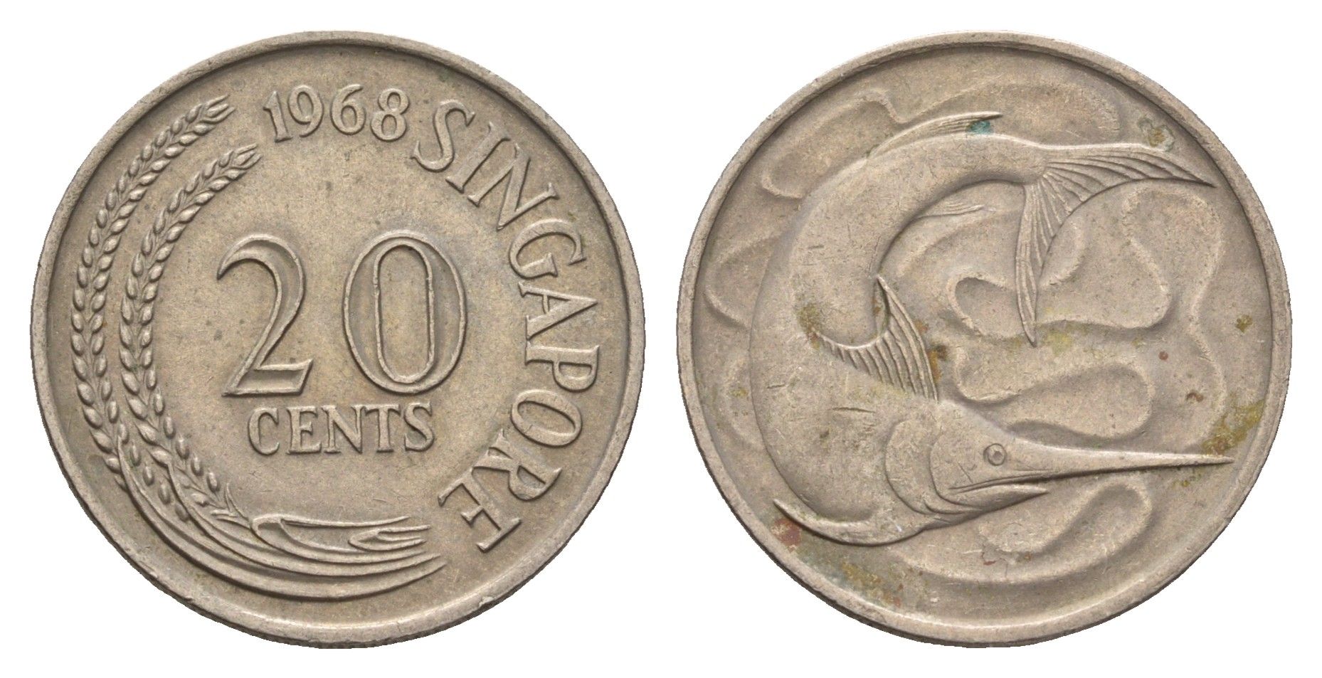 Сингапур 20 центов 1968 голубой марлин, тунец KM 4 медно-никель 4513-1245