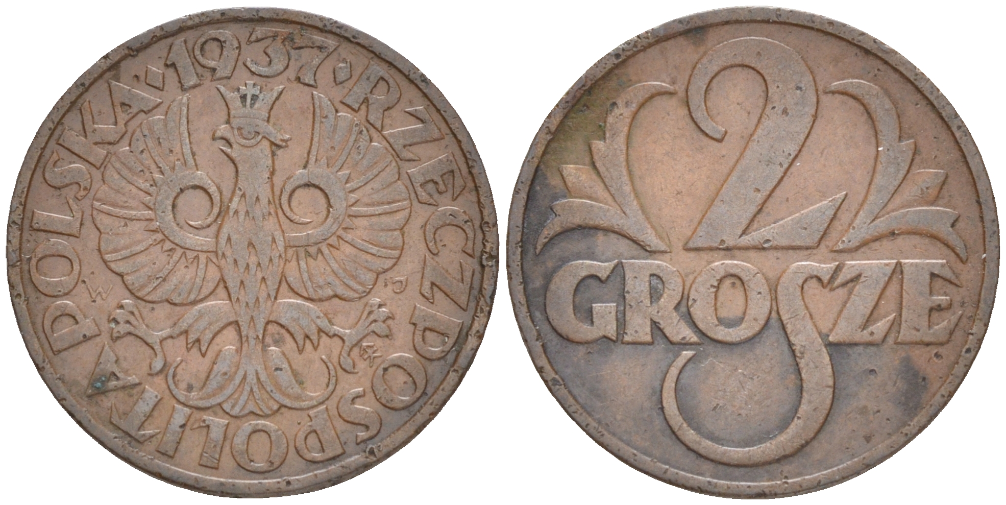 ПОЛЬША 2 ГРОША 1937 w KM 9а бронза 4516-1014