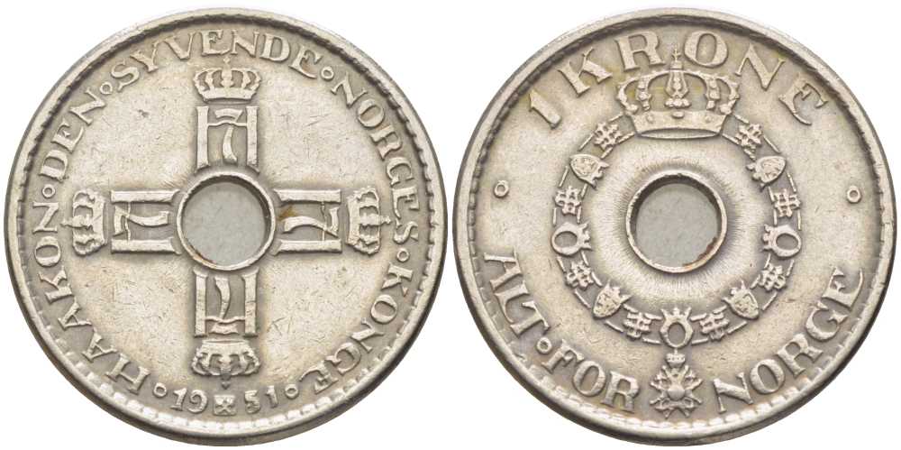 Норвегия 1 крона 1951 Хокон VII (1905-1957) KM 397.1 медно-никель 119-954