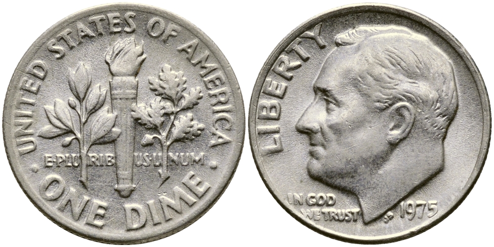 США 10 ЦЕНТОВ = 1 ДАЙМ 1975 РУЗВЕЛЬТ KM 195а медь плакированная медно-никелем 54-767
