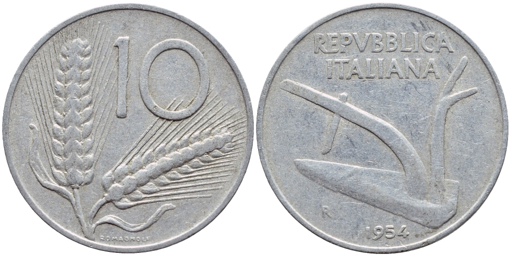 ИТАЛИЯ 10 ЛИР 1954 R, ПЛУГ KM 93 алюминий 4397-641