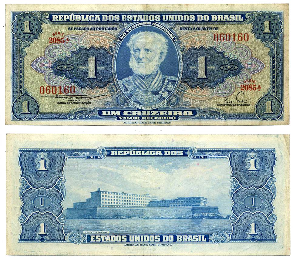 БРАЗИЛИЯ 1 КРУЗЕЙРО 1954-1958 СЕРИЯ 2085А, ПОДПИСЬ 3 Pick 150b бумага VF 7220-36-1