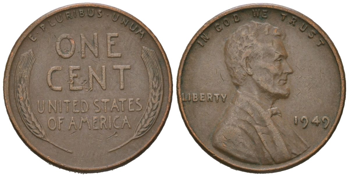 США 1 цент 1949 Авраам Линкольн  KM 132 бронза 214-612