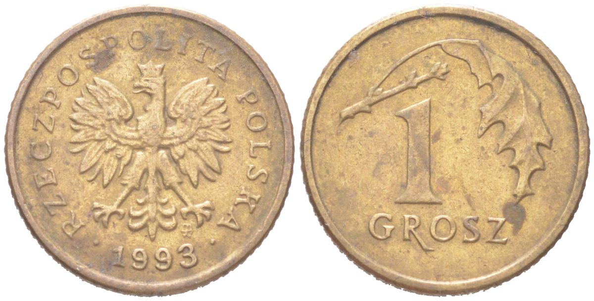 Польша 1 грош 1993 Y 276 марганец латунь 4614-565