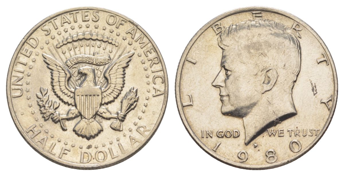 США 1/2 доллара (50 центов) 1980 P, Джон Кеннеди KM A202b медь плакированная медно-никелем aUNC 4517-513