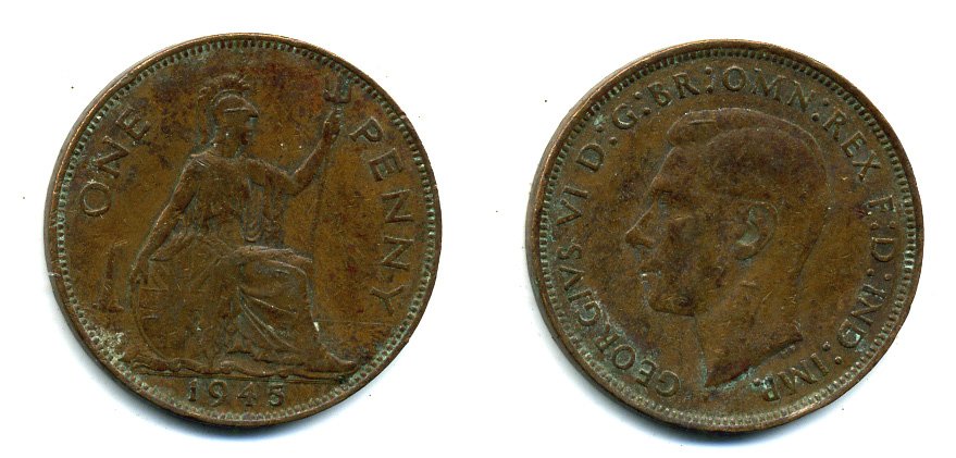 Великобритания 1 пенни 1945 Георг VI (1936-1952) KM 845, Spink 4114 бронза 37-635