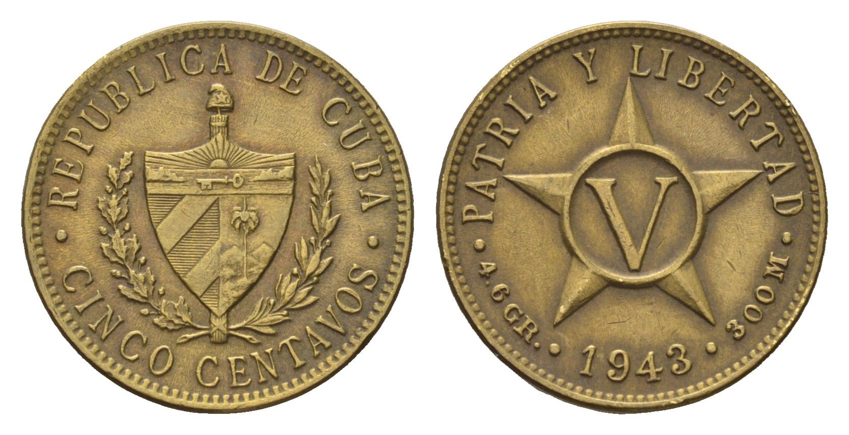 Куба 5 сентаво 1943 год-тип KM 11.3a латунь 270-1331