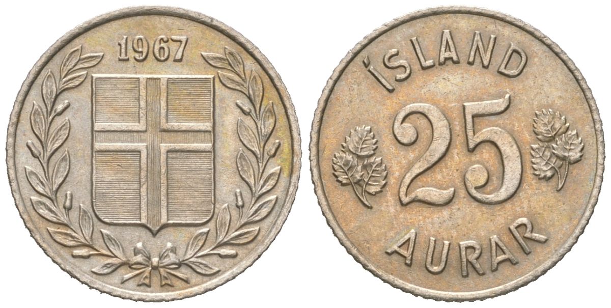 Исландия 25 эйре 1967 KM 11 медно-никель UNC 4611-423