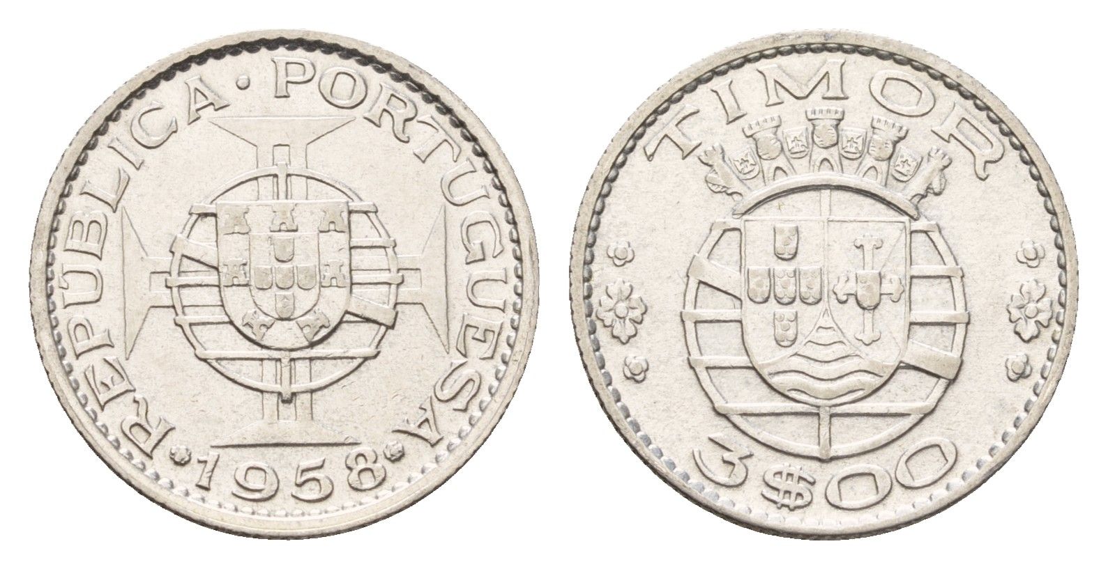 Португальский Тимор 3 эскудо 1958 год-тип KM 14 серебро 4669-762