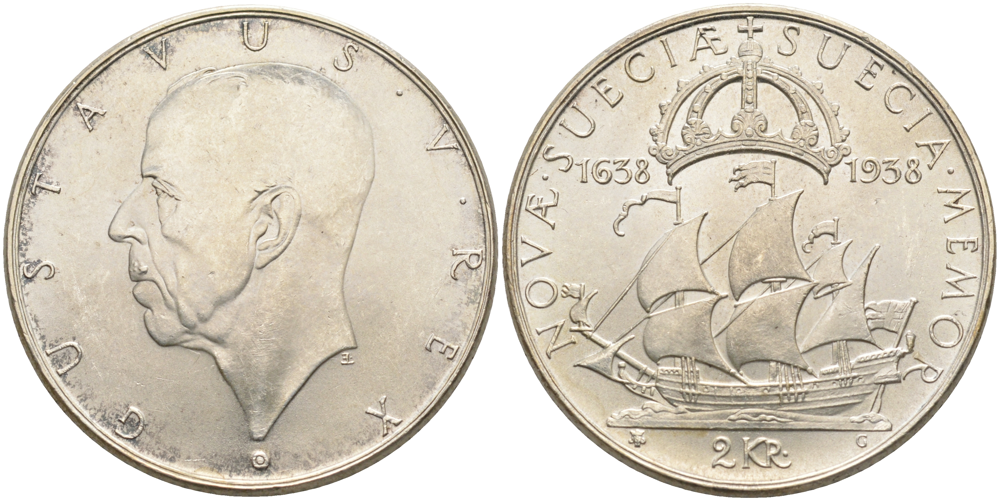 Швеция 2 кроны 1938 G, Густав V (1907-1950), 300 лет шведским поселениям в Делавере KM 807 серебро 4565-223