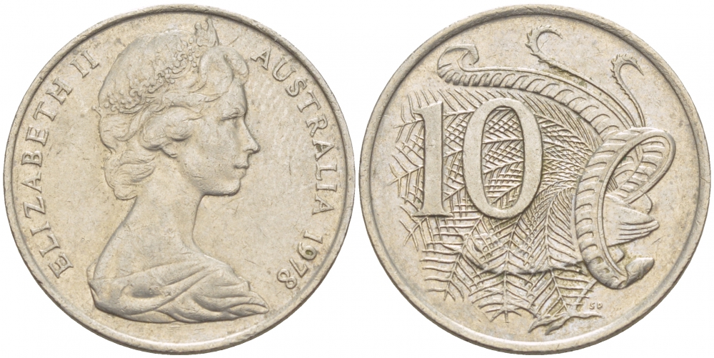 Австралия 10 центов 1978 Елизавета II (1952-), птица лирахвост KM 65 медно-никель 4539-1116
