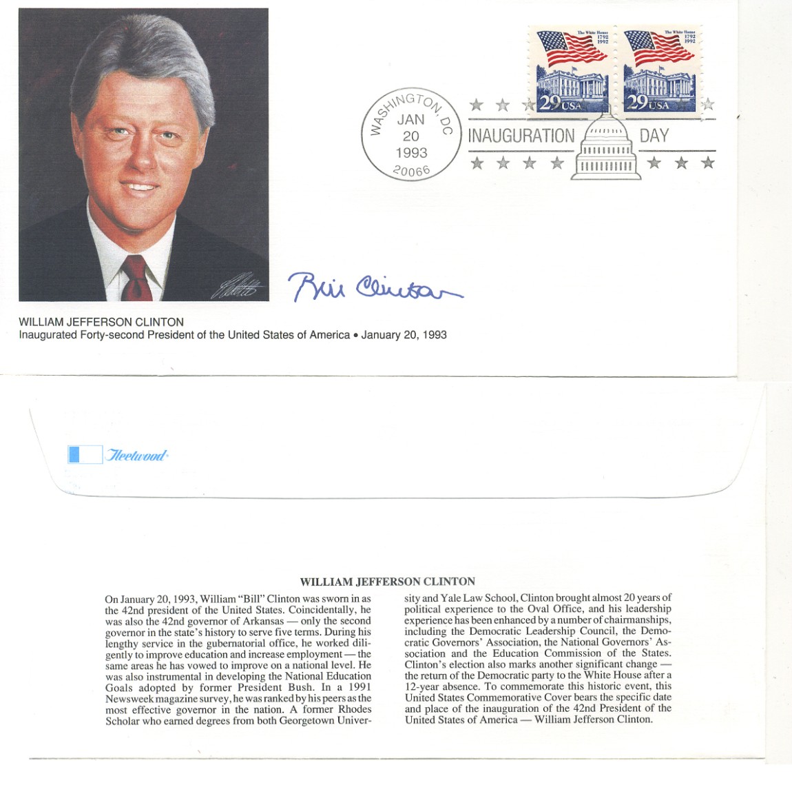 США 2 конверта 1993 день инаугурации президент Билл Клинтон и вице-президент Альберт Гор, в конверте первого дня гашения, каждый с двумя марками, в оригинальном буклете 7-4-52