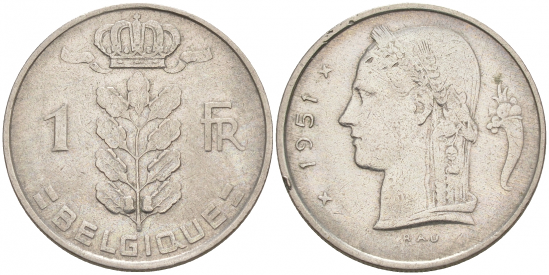 БЕЛЬГИЯ 1 ФРАНК 1951 BELGIQUE KM 142.1 медно-никель 68-632