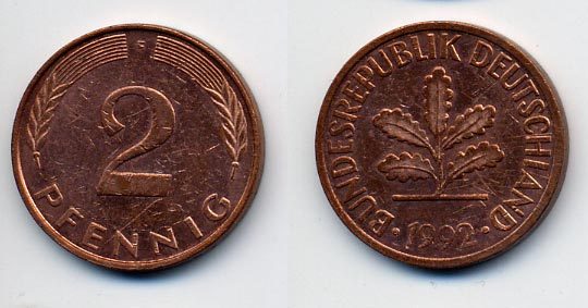 ФРГ 2 ПФЕННИГА 1992 F KM 106a, J.381a сталь плакированная сталь плакированная медьюю 35-1034