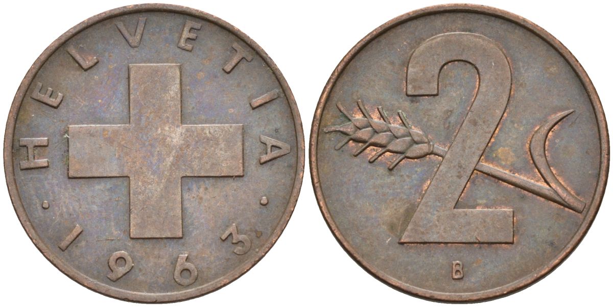 Швейцария 2 раппена 1963 В KM 47 бронза 4591-1235