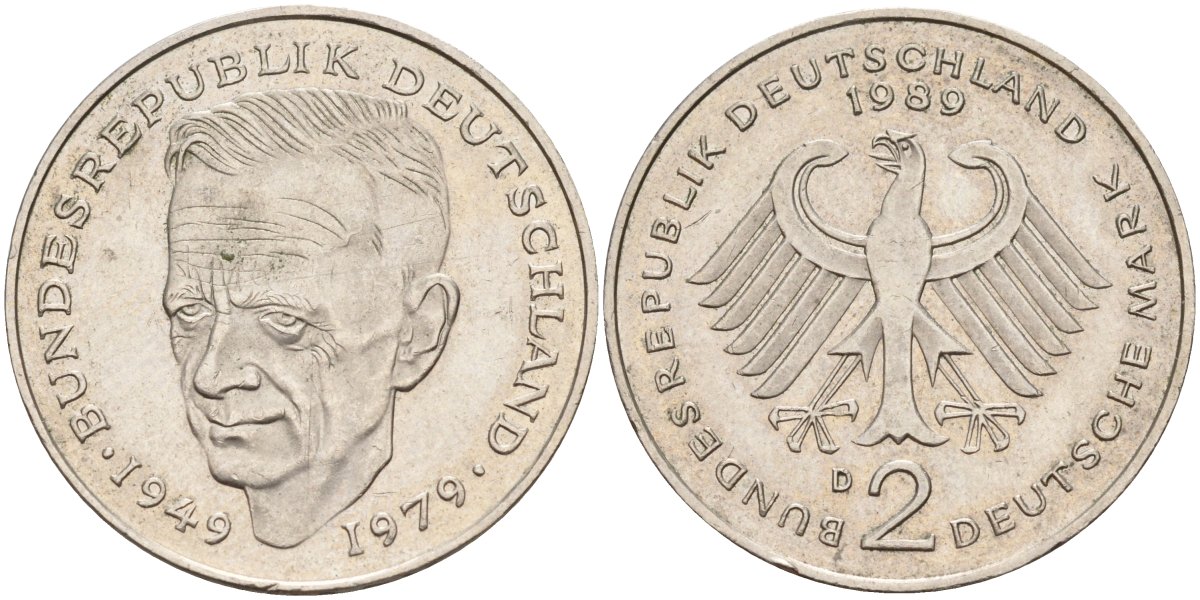 ФРГ 2 марки 1989 D, Курт Шумахер, 30 лет Федеративной Республике (1949-1979) KM 149, J. 424 медно-никель плакированный никелем 4168-441