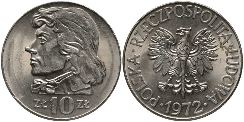 ПОЛЬША 10 ЗЛОТЫХ 1972 MW, КОСТЮШКО KM 50а медно-никель UNC 180-216