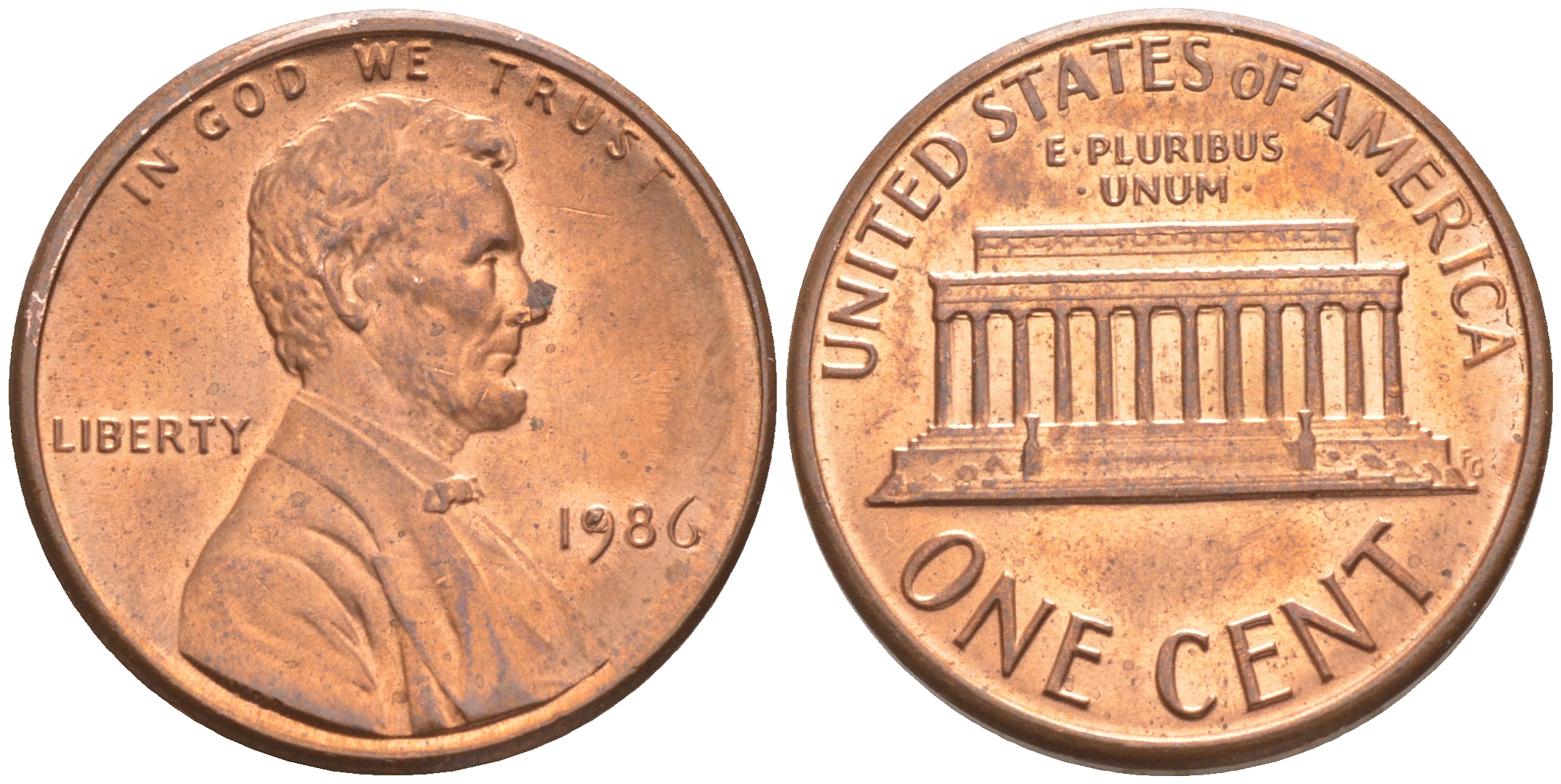 США 1 ЦЕНТ 1986 KM 201b ЛИНКОЛЬН медь цинк UNC 187-722