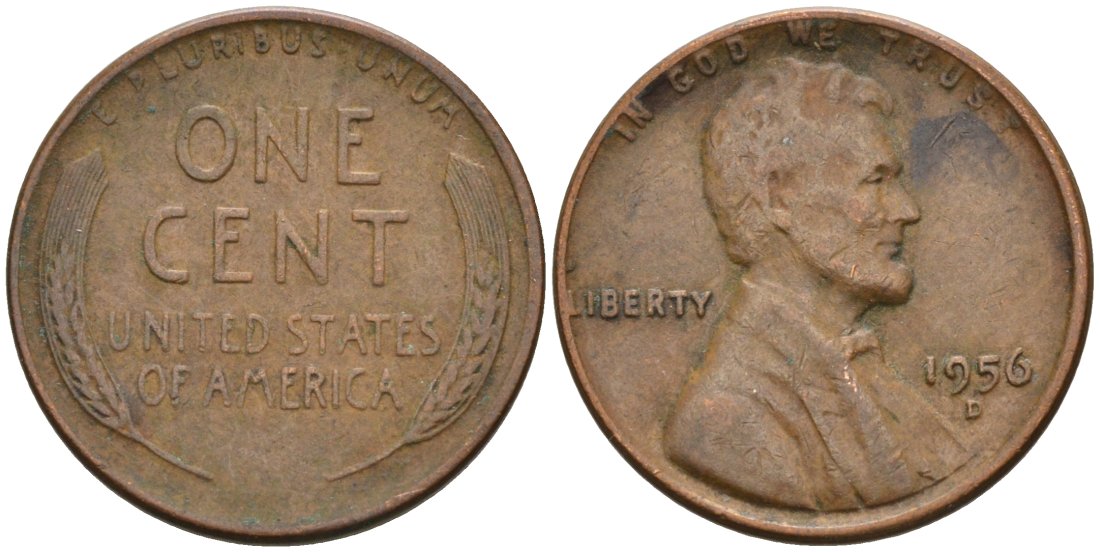 США 1 цент 1956 D, Линкольн KM А132 медь цинк 4564-261