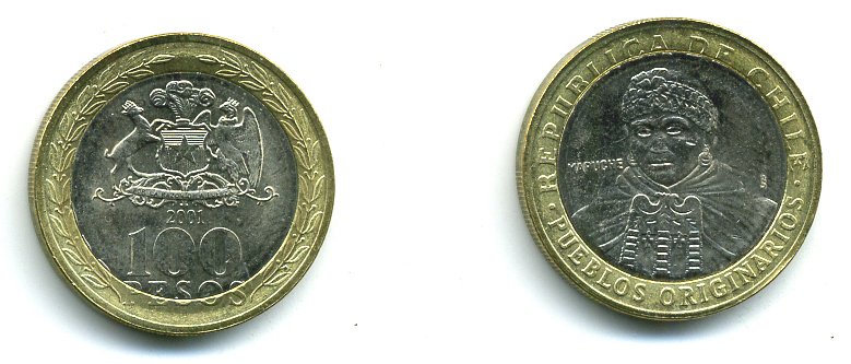 Чили 100 песо 2001 индейцы Мапуче KM 236 биметалл 59-1241