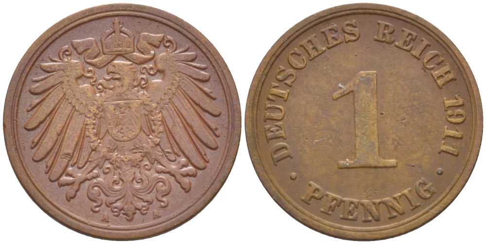 ГЕРМАНИЯ 1 ПФЕННИГ 1911 J KM 10, J. 10, Weege 2 медь 211-439