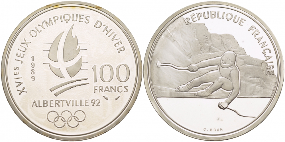 Франция 100 франков 1989 XVI Зимние Олимпийские игры 1992 в Альбервиле, горные лыжи, гигантский слалом KM 971 серебро PROOF 1074-6-64