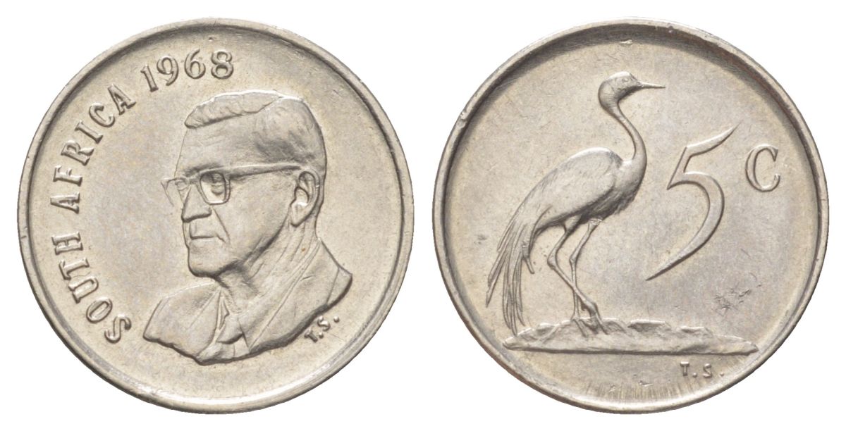 ЮАР 5 центов 1968 Окончание президентства Чарльза Сварта, SOUTH AFRICA KM 76.1 никель UNC 4617-237