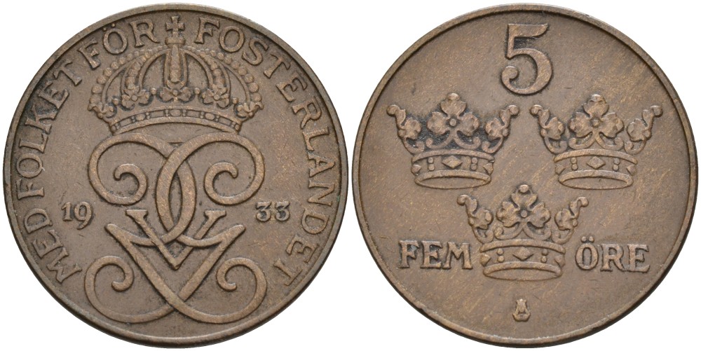 Швеция 5 эре 1933 Густав V (1907-1950), редкий год KM 779.2 бронза 4557-623