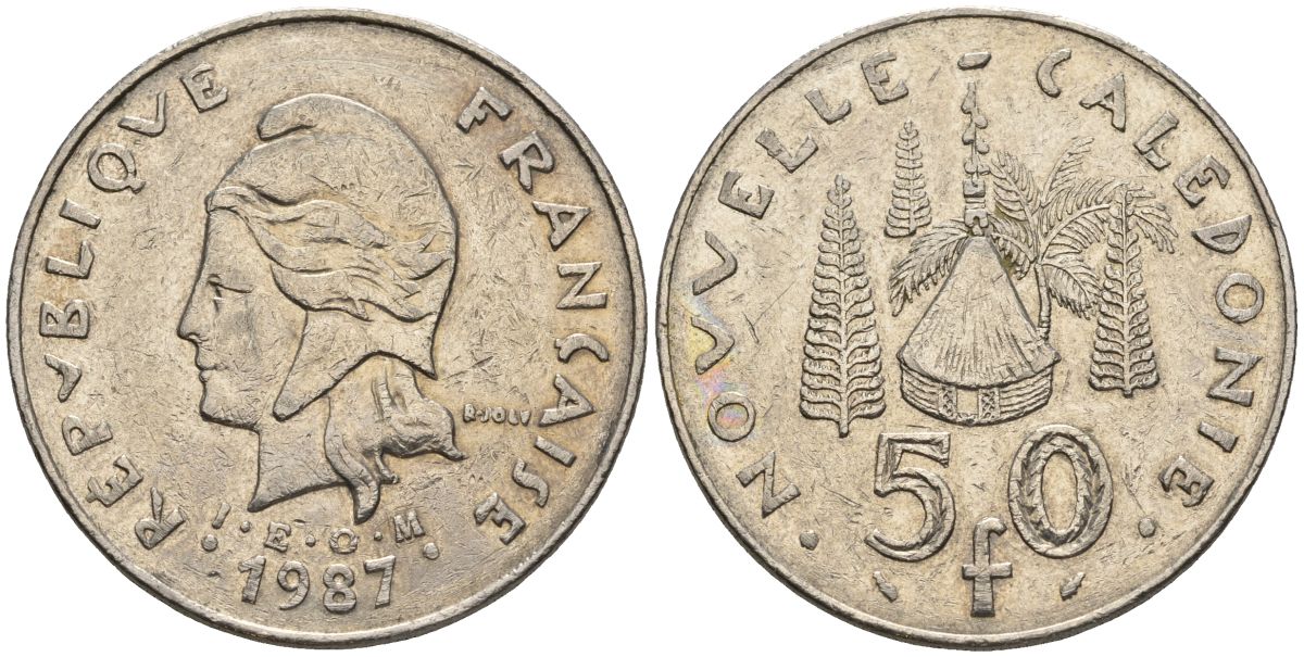 Французская Новая Каледония 50 франков 1987 хижина среди сосен и пальм, (IEOM) KM 13, Schoen 15, Lec 121 никель 4120-145